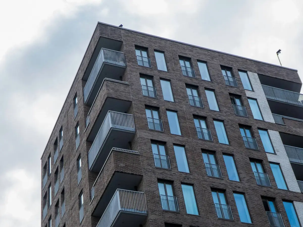 A modern brick apartment block