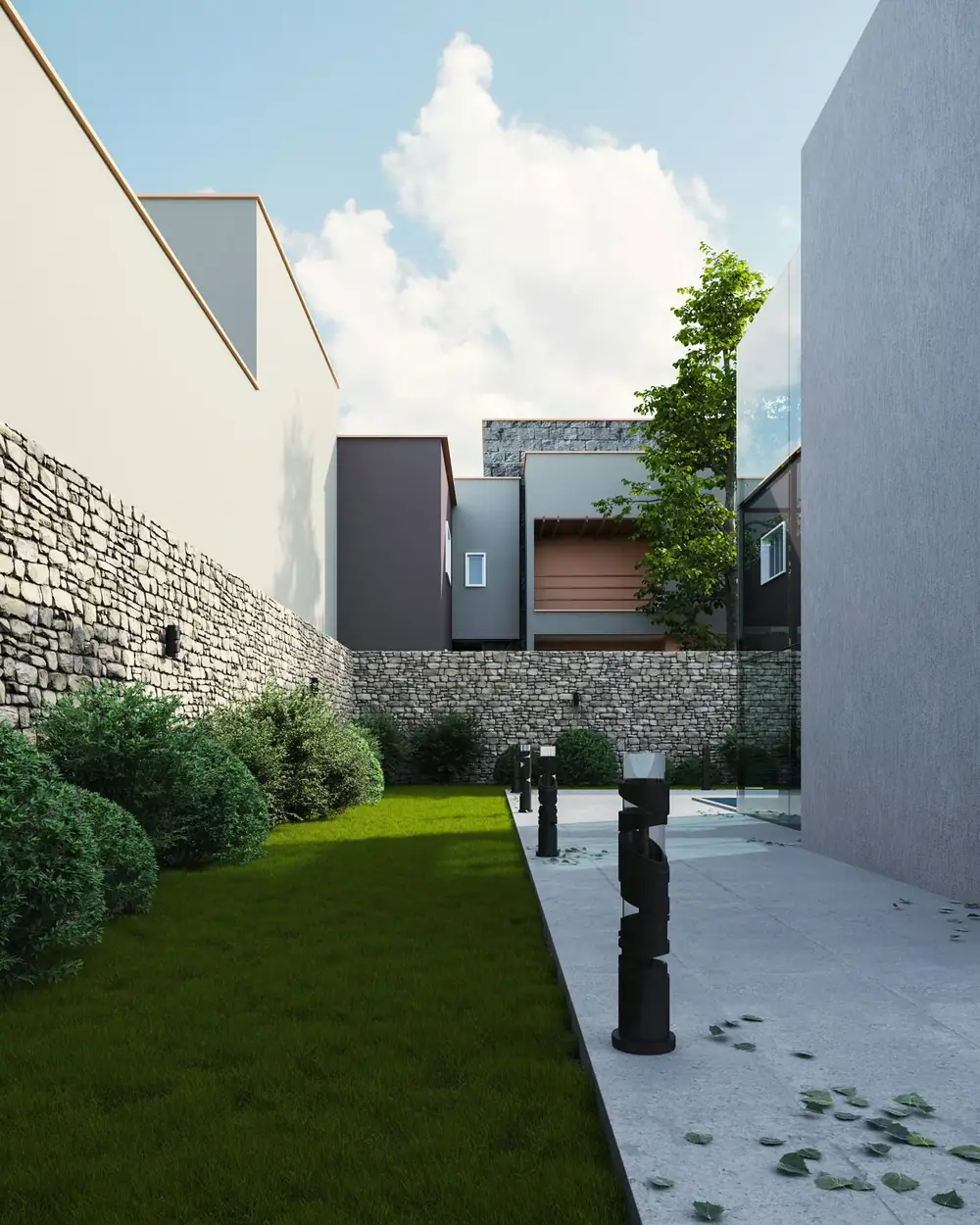 A communal garden between apartment buildings