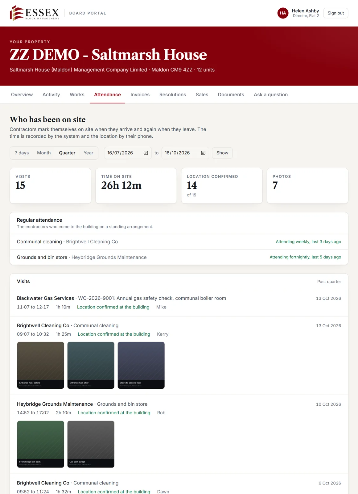 The board portal attendance page: every contractor visit with times, location and photographs