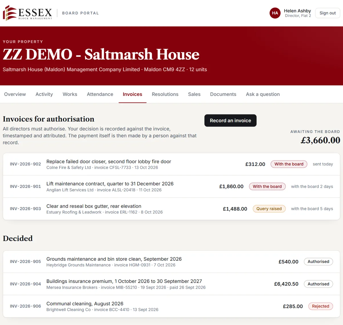 The board portal invoices page: each invoice waits for every director to authorise it